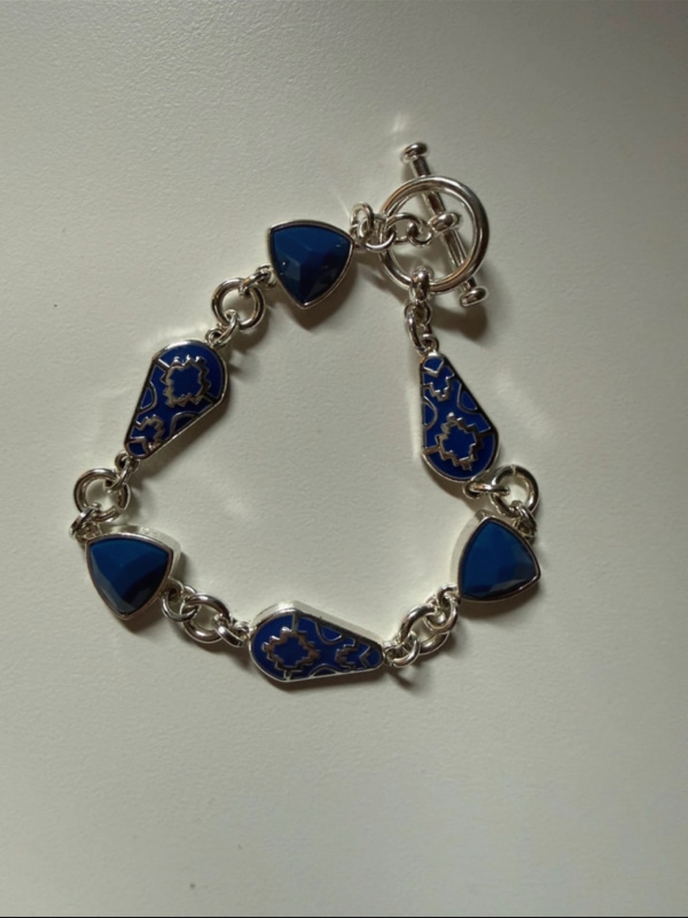 Blue Enamel Link Bracelet with Silver Accents - Women's Jewelry